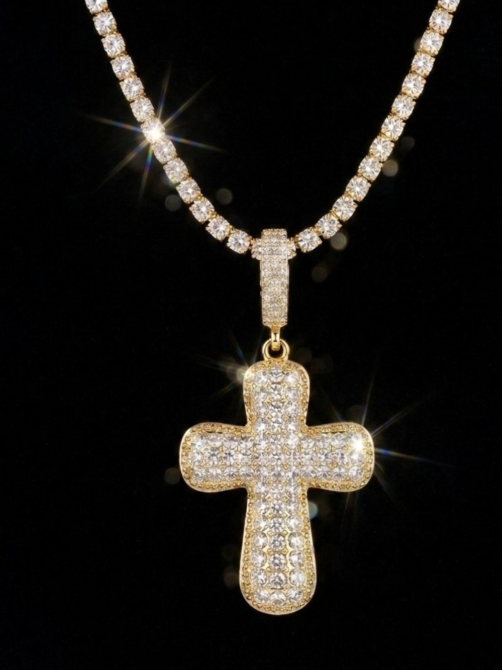 Gold Crystal Cross Pendant Necklace - Sparkling White Stones NEW!!!